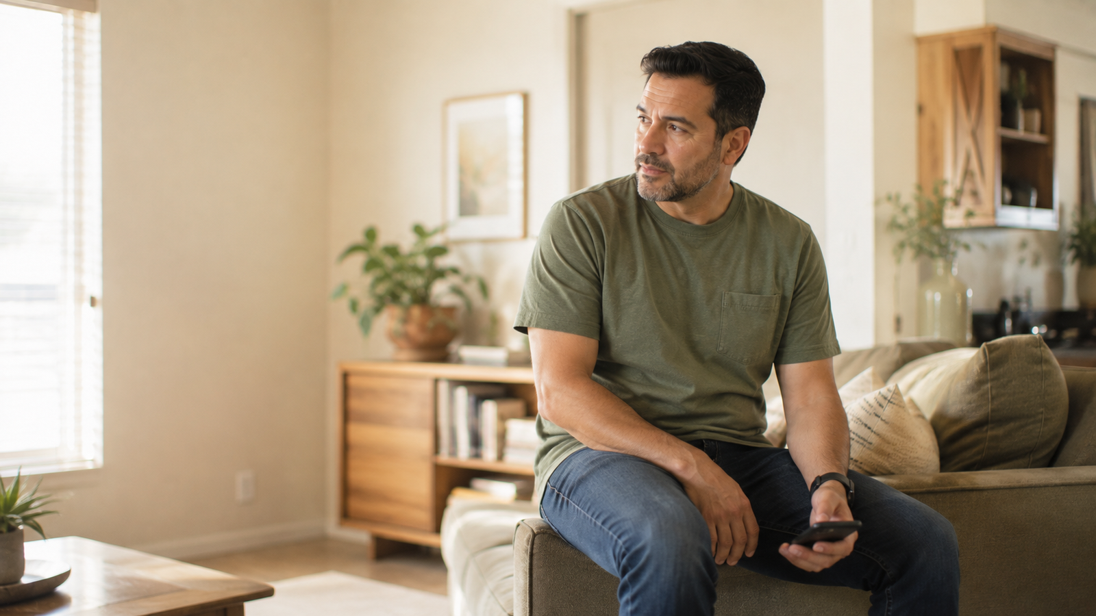 Man reflecting at home on questions about hospice care for a loved one