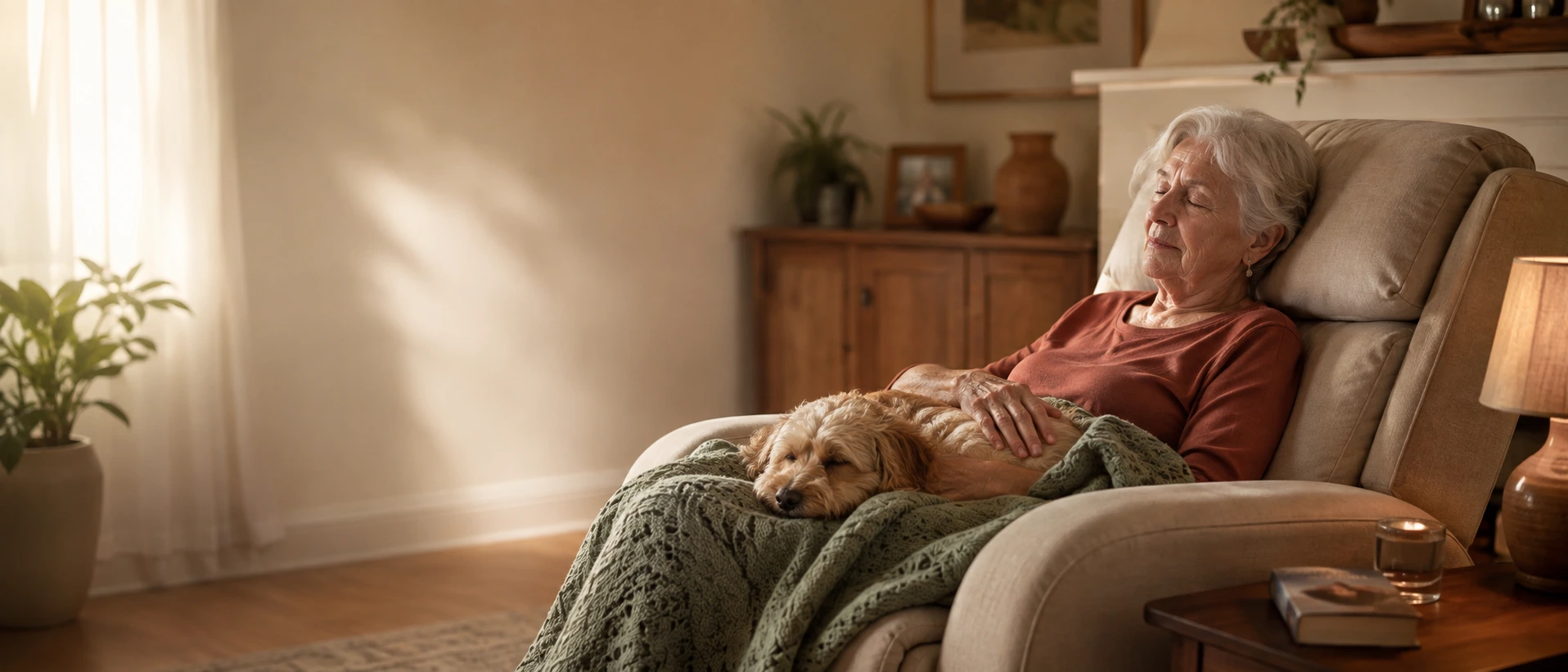 Older woman resting in a recliner at home with her dog asleep beside her